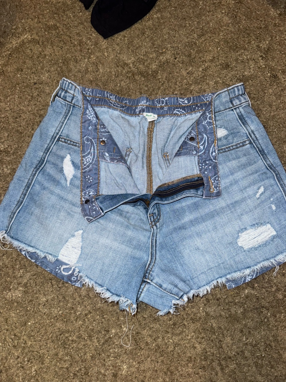 aerie Light Blue Distressed Denim Jean Shorts with Bandana Trim